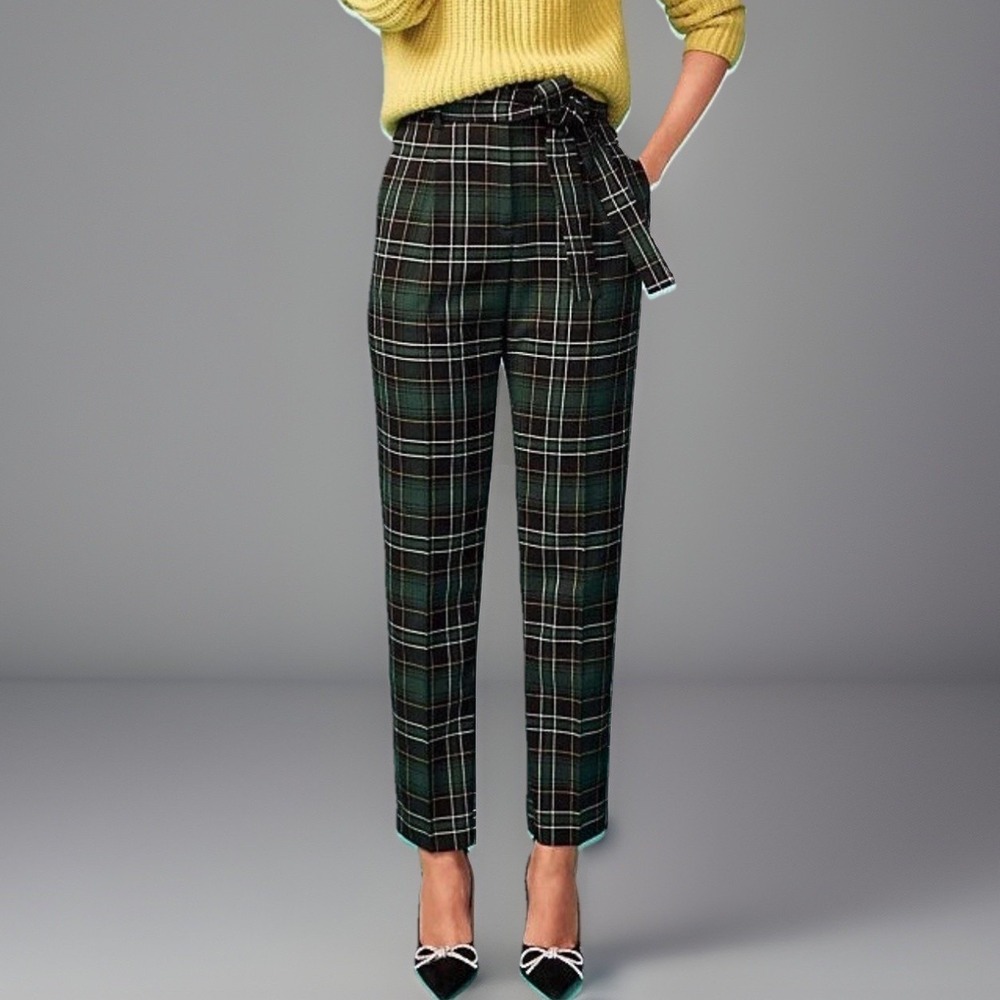 NWT Ann Taylor High Tie Waist Ankle Pant Plaid Green Womens 16